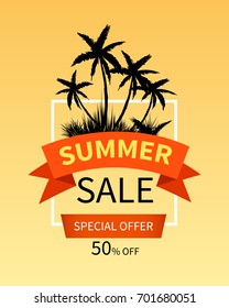 Summer sale banner design with palm trees. Vector illustration