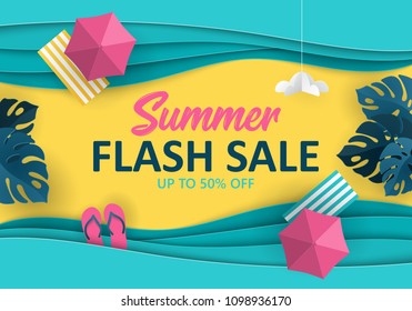 Summer sale banner design with paper cut tropical beach top view background. Vector illustration