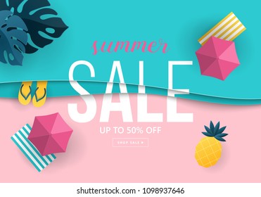 Summer sale banner design with paper cut tropical beach top view background. Vector illustration