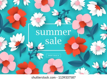 Summer sale banner design with paper cut flowers background. Vector illustration