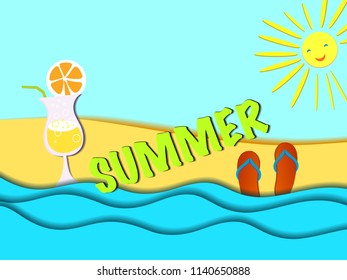 Summer sale banner design with paper cut tropical beach top view background. Vector illustration