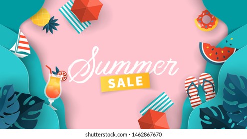 Summer sale banner design with paper cut tropical leaves, sea waves and  summer symbols background. Vector illustration