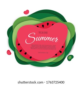 Summer sale banner design with paper cut watermelon top view background. Vector illustration