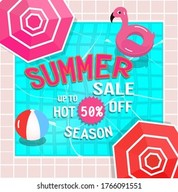 Summer sale banner design with pool and toys.
