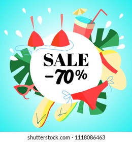 Summer sale banner design for promotion with colorful beach elements and splashes behind white circle. Cartoon style. Vector illustration with summer elements: swimming suit, sunglasses, monstera 