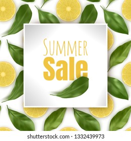 Summer sale banner design for promotion, colorful background with Lemons and leaves, Vector EPS 10 illustration