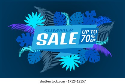 Summer sale banner design for promotion with tropical leaves. Vector illustration