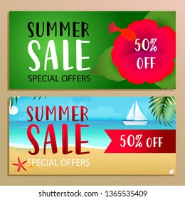 Summer sale banner design with red tropical flower on green background. Red 50 percent off sticker with beach, sea and sail boat. Vector illustration can be used for posters, flyers, coupons