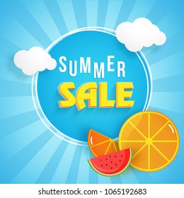 Summer sale banner design with stylish text, cloud, and seasonal fruits on blue rays background.