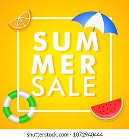 Summer sale banner design with stylish watermelon slice, umbrella and citrus fruits slice on blue background.