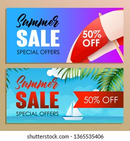 Summer sale banner design with sun umbrella on blue background. Red 50 percent off sticker with sea, sail boat and palm leaves. Vector illustration can be used for posters, flyers, coupons