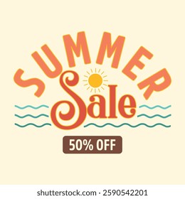 Summer sale banner design with a sun and ocean waves vector illustration. Summer holidays special offer for product promotion and marketing. Summer logo, sticker, label, tags.