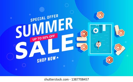 Summer sale banner design with swimming pool with girls, lounge chairs and parasols.
