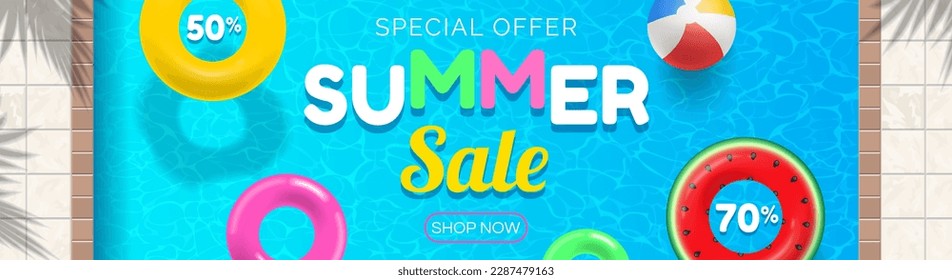 summer sale banner design with swimming pool inflatable rings top view vector illustration