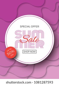 summer sale banner design template with text on paper cut colorful background for greeting cards, posters, flyers, invitations, brochures