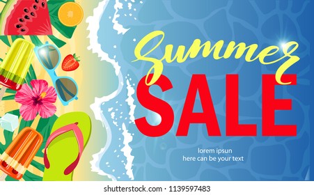 Summer Sale banner design template for promotion. Sale, sea, tropics, beach.