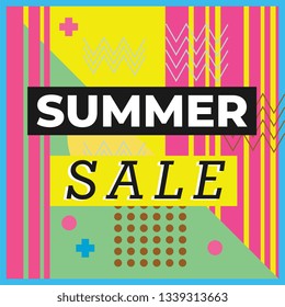 Summer sale banner design template background with colorful memphis geometric abstract