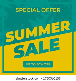 Summer Sale banner design template. green and yellow summer sale banner with palm tree. special offer, up to 50 off