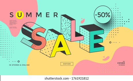 Summer sale banner design template, shapes and geometric elements in memphis style. The word sale in isometric 3d style. Trendy pop art clearance poster. Vector illustration