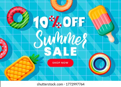 Summer sale banner design template. Inflatable floating funny toys in swimming pool, top view vector illustration. Season discount poster. Hand drawn calligraphy lettering on blue water background