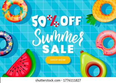 Summer sale banner design template. Inflatable floating colorful toys in swimming pool. Hand drawn calligraphy lettering on blue water background. Season discount poster. Vector illustration.