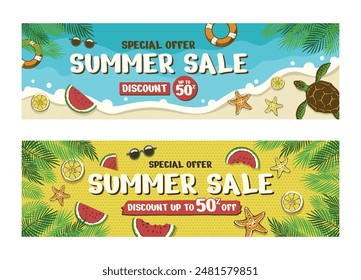 Summer Sale Banner Design Template with Beach and Fruit Theme