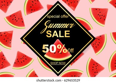 Summer sale banner design template. Seasonal discount advertisement with fresh watermelon pieces. Vector illustration