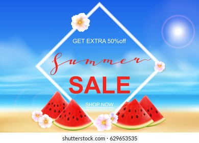 Summer sale banner design template. Seasonal discount advertisement on blury beach with fresh watermelon pieces and flowers. Vector illustration