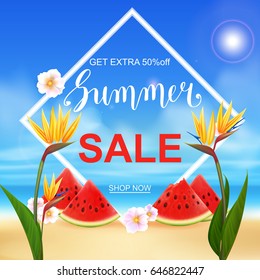 Summer sale banner design template. Seasonal discount advertisement on blury beach with fresh watermelon pieces and flowers. Vector illustration