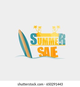 Summer Sale banner design template with surfboard