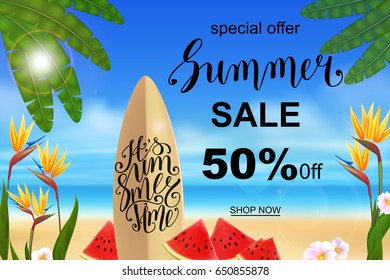 Summer sale banner design template. Seasonal discount advertisement on blury beach with fresh watermelon pieces and Strelitzia exotic flowers. Vector illustration.