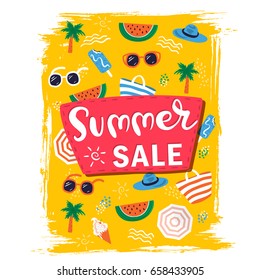 Summer sale banner design template with pink shape for text and hand drawn beach elements such as sunglasses, palm, watermelon slice, tote bag, umbrella, ice cream, hat. Vector illustration