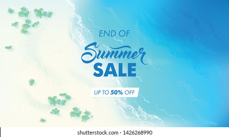 Summer sale banner design. Top view beach background. Vector illustration