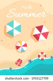 Summer sale banner design with tropical beach top view background. Vector illustration