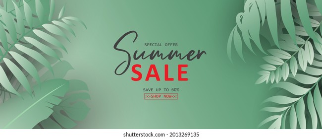 Summer sale banner design with tropical leaves background