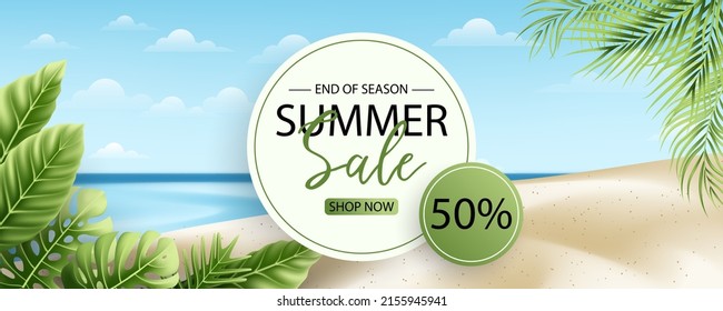 Summer sale banner design with tropical leaves background