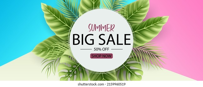 Summer sale banner design with tropical leaves background