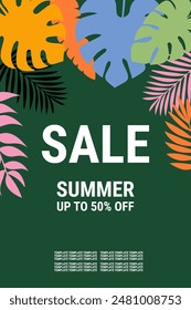 Summer Sale banner design. Tropical leaves background vector, monstera leaves. design for wallpaper, cover, cards and packaging.