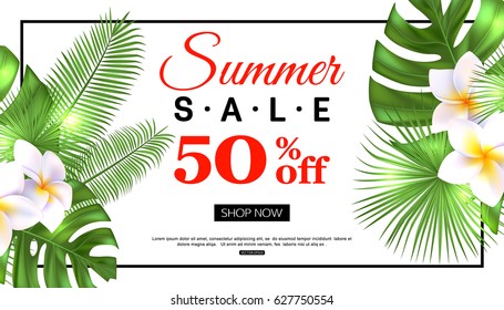 Summer sale banner design with tropical flowers and foliage, vector illustration