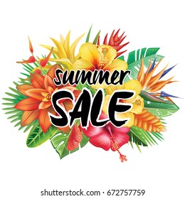 Summer sale banner design with tropical plants and flowers