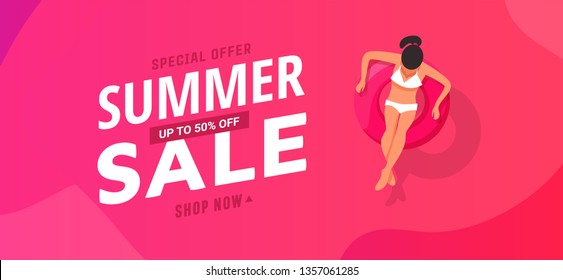 Summer sale banner design with young woman swims, tanning on life buoy in swimming pool, top view background. Vector illustration