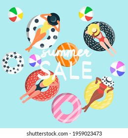 Summer sale banner design with young woman swims, tanning on life buoy in swimming pool. Summer water activities, scene with a lot of tiny people, characters