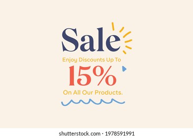 Summer sale banner discount up to 15% vector design. Enjoy Special offer summer sale tag for seasonal shopping discount promo advertisement. Vector illustration