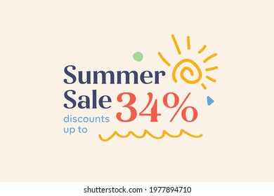 Summer sale banner discount up to 34% vector design. Enjoy Special offer summer sale tag for seasonal shopping discount promo advertisement. Vector illustration