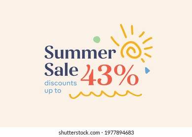 Summer sale banner discount up to 43% vector design. Enjoy Special offer summer sale tag for seasonal shopping discount promo advertisement. Vector illustration