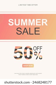 Summer sale banner. Discount up to 50%. Summer trendy design for advertisement, invitation, flyer, poster, web banner.