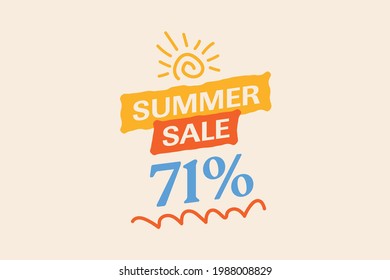 Summer sale banner discount up to 71% off vector design. Enjoy Special offer summer sale tag for seasonal shopping discount promo advertisement. seasons Vector illustration 