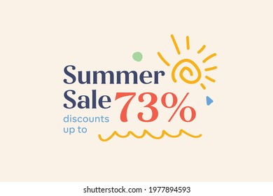 Summer sale banner discount up to 73% vector design. Enjoy Special offer summer sale tag for seasonal shopping discount promo advertisement. Vector illustration
