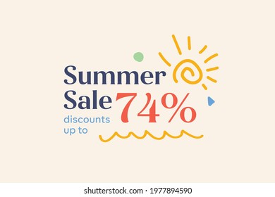 Summer sale banner discount up to 74% vector design. Enjoy Special offer summer sale tag for seasonal shopping discount promo advertisement. Vector illustration
