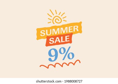 Summer sale banner discount up to 9% off vector design. Enjoy Special offer summer sale tag for seasonal shopping discount promo advertisement. seasons Vector illustration 
